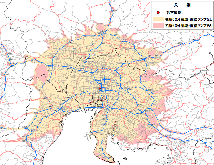 リニア名古屋駅に高速道路が結節した場合の時間距離変化